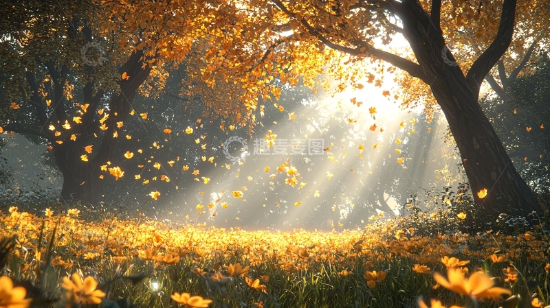 高清大图下载【趣麦麦图】阳光洒进秋叶森林