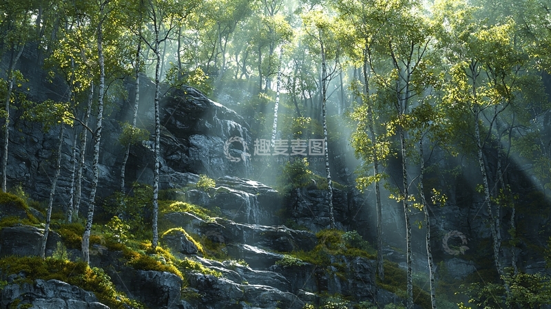 高清大图下载【趣麦麦图】阳光森林瀑布