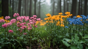 雾气森林里的彩色野花