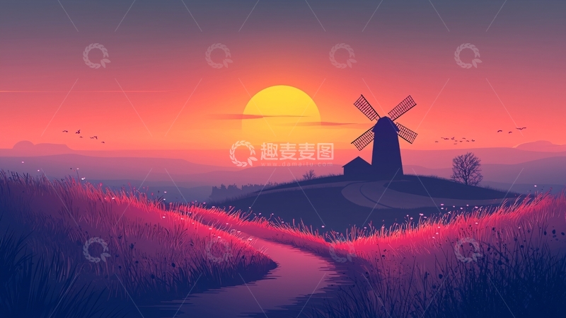 高清大图下载【趣麦麦图】夕阳下的风车田园风光