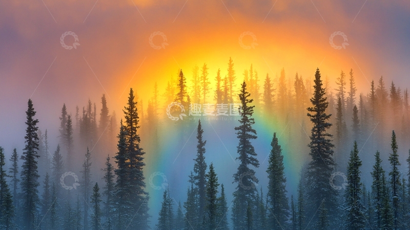 高清大图下载【趣麦麦图】雾中森林日出彩虹