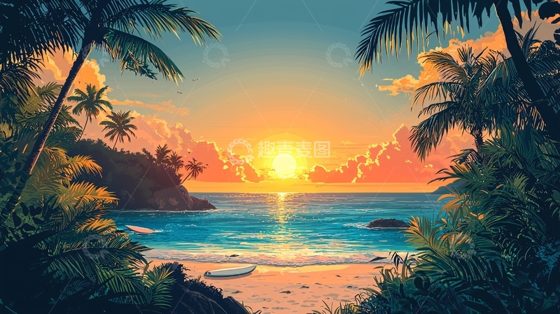 高清大图下载【趣麦麦图】热带海滩日落