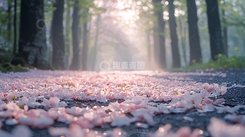 高清大图下载【趣麦麦图】清晨森林小路樱花瓣