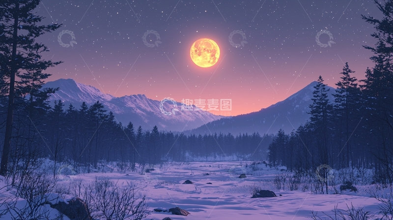 高清大图下载【趣麦麦图】冬夜雪山下的满月