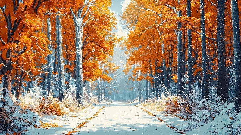 高清大图下载【趣麦麦图】秋日雪景森林小路