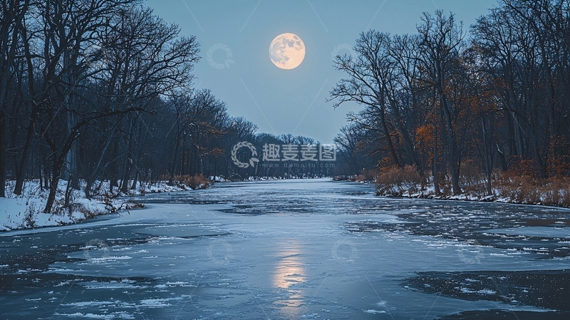 高清大图下载【趣麦麦图】冬夜冰河满月景色