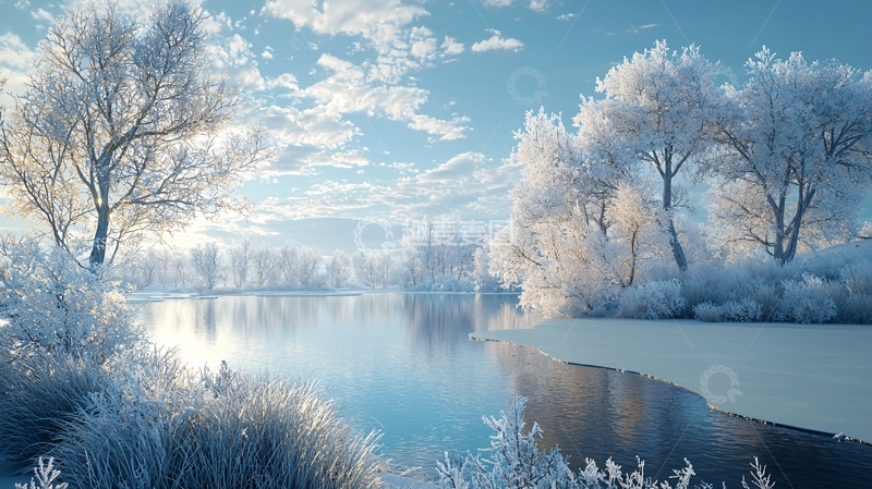 高清大图下载【趣麦麦图】冰雪覆盖的树木与宁静湖泊