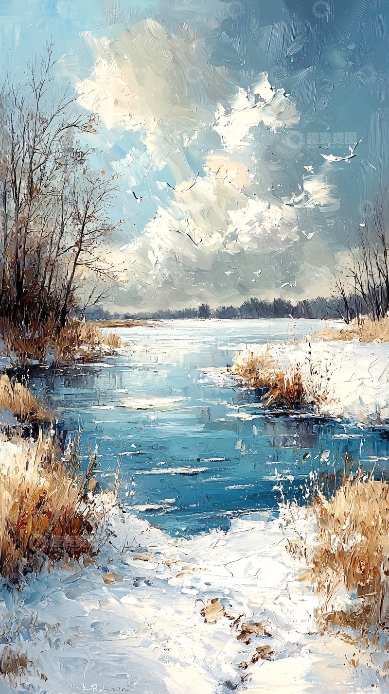 高清大图下载【趣麦麦图】冬日河流风景画
