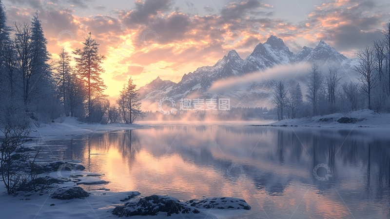 高清大图下载【趣麦麦图】雪山日落湖景