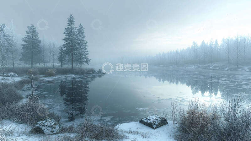 高清大图下载【趣麦麦图】雾气弥漫的雪景湖泊