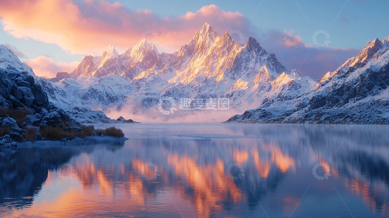 高清大图下载【趣麦麦图】雪山日出湖泊倒影