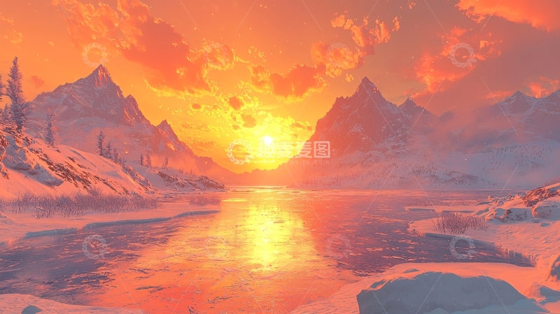 高清大图下载【趣麦麦图】雪山日落