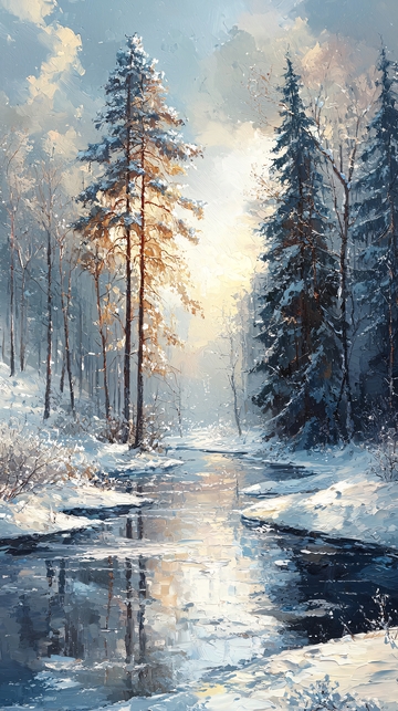 冬日雪景森林小溪