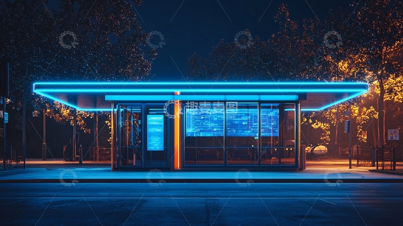 高清大图下载【趣麦麦图】夜晚霓虹灯下的智能候车亭