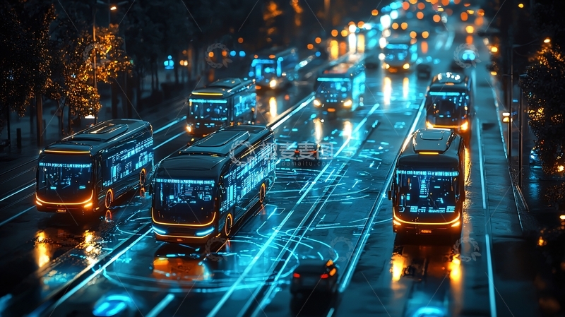 高清大图下载【趣麦麦图】未来城市夜景公交车