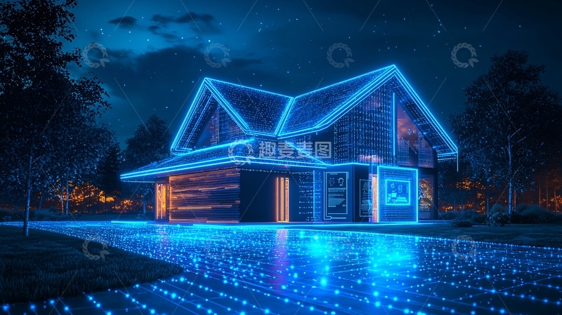 高清大图下载【趣麦麦图】夜晚灯光下的现代住宅