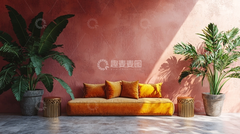 高清大图下载【趣麦麦图】红墙黄沙发绿植