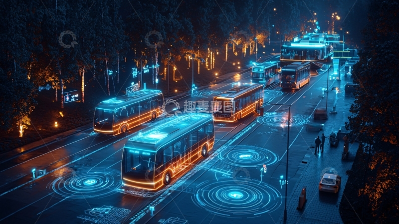 高清大图下载【趣麦麦图】夜晚灯光下的自动驾驶公交车队
