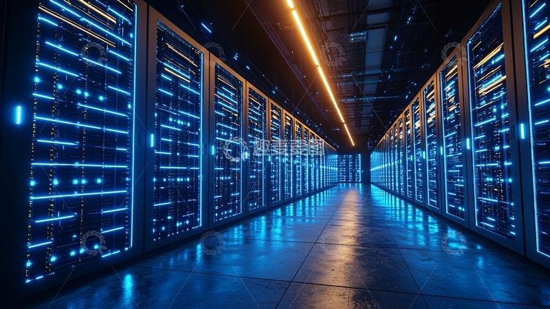 高清大图下载【趣麦麦图】蓝色灯光下的服务器机房