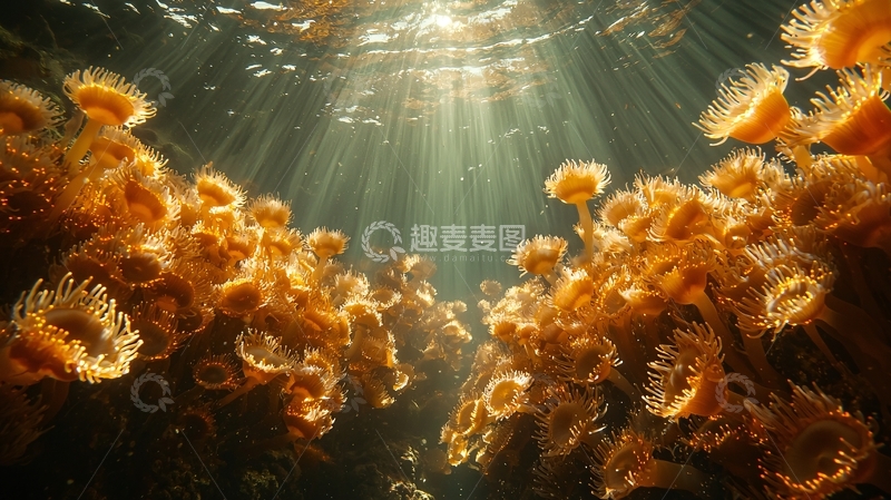高清大图下载【趣麦麦图】阳光透过水面照射海底珊瑚