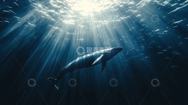 高清大图下载【趣麦麦图】深海鲸鱼光线透过水面