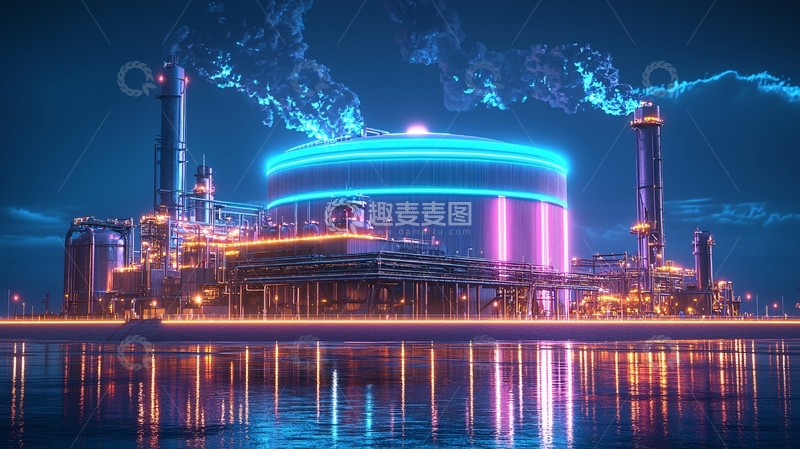 高清大图下载【趣麦麦图】夜间工业厂区霓虹灯景观
