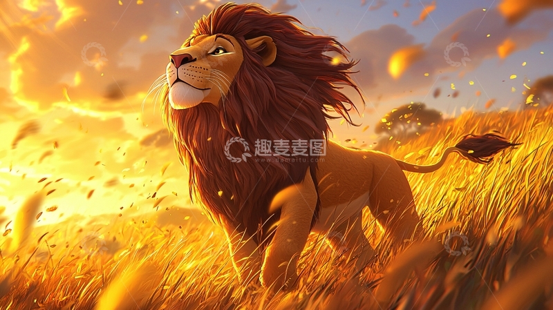 高清大图下载【趣麦麦图】雄狮夕阳草原风中鬃毛