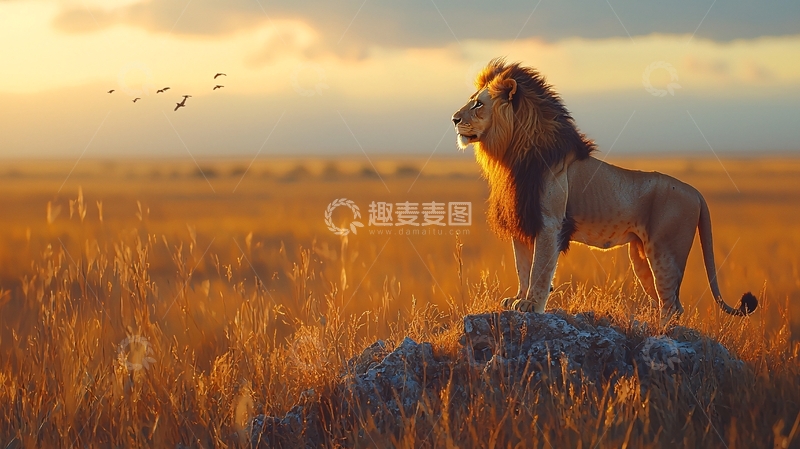 高清大图下载【趣麦麦图】夕阳下草原雄狮