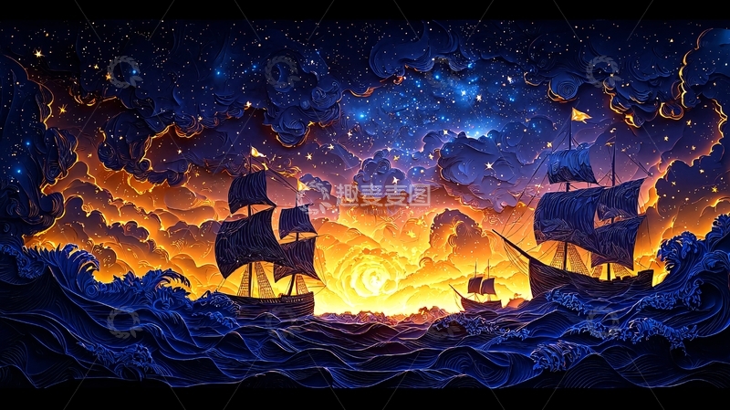 高清大图下载【趣麦麦图】星空大海帆船日落