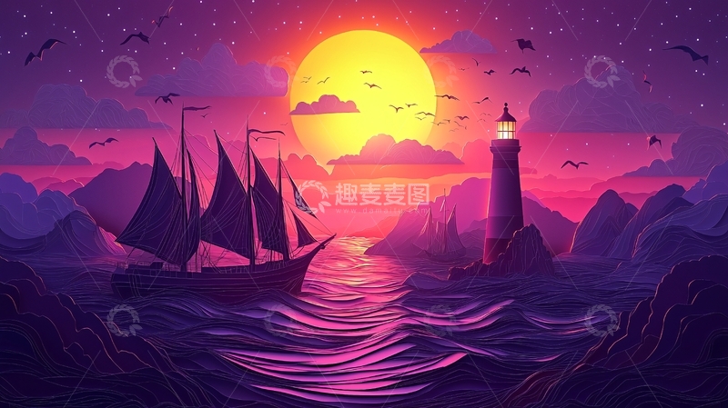 高清大图下载【趣麦麦图】海上帆船灯塔在紫色星空背景下