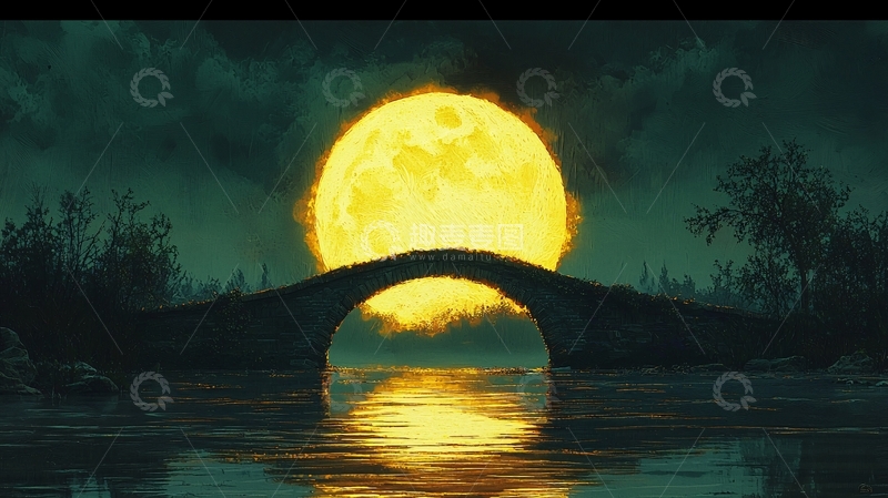 高清大图下载【趣麦麦图】夜晚大月亮下的石桥