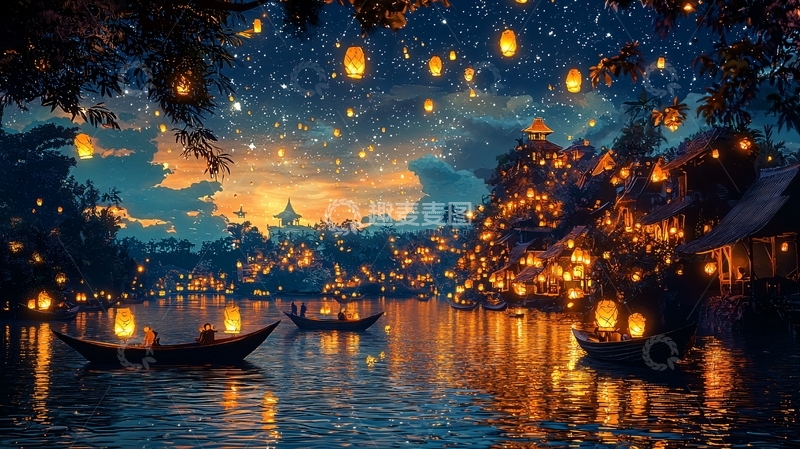 高清大图下载【趣麦麦图】梦幻般的天灯夜景