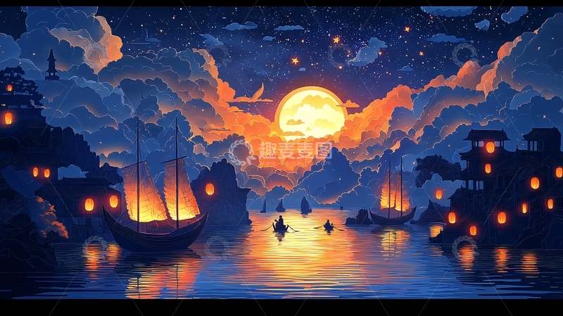 高清大图下载【趣麦麦图】梦幻月光海港夜景