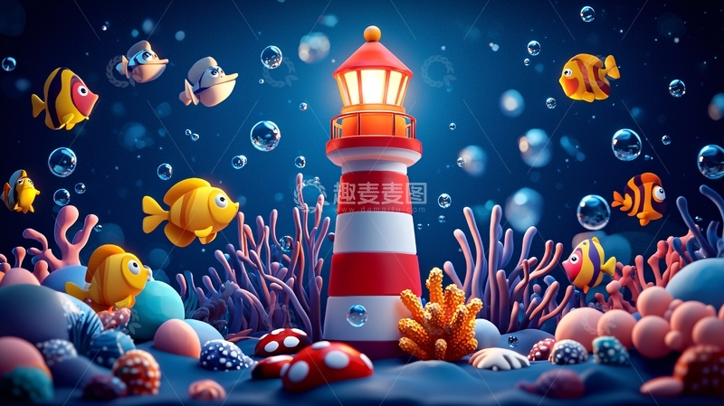 高清大图下载【趣麦麦图】海底灯塔卡通图