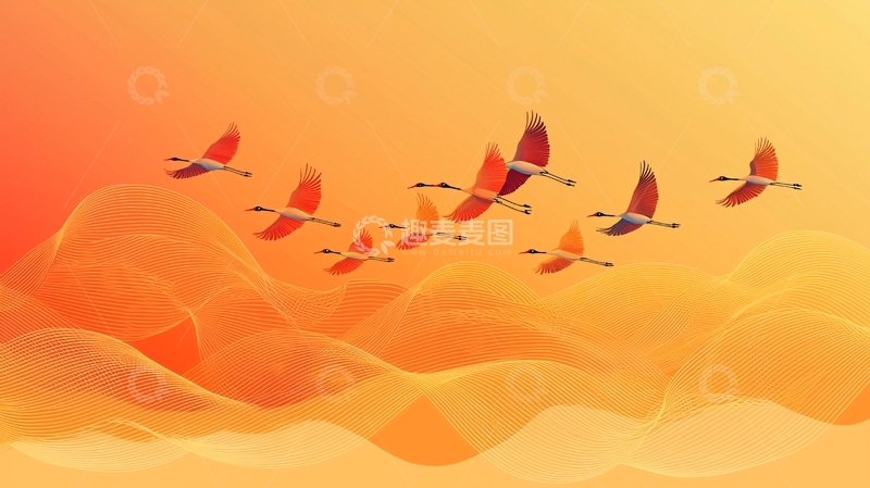 高清大图下载【趣麦麦图】夕阳下飞翔的鸟群