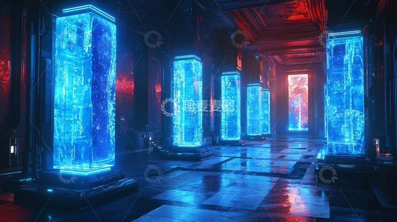 高清大图下载【趣麦麦图】科幻蓝色能量柱走廊