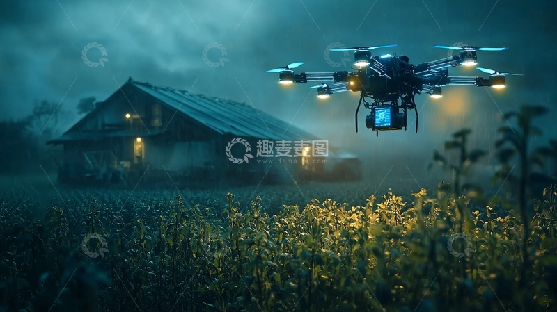高清大图下载【趣麦麦图】夜间无人机飞跃农田