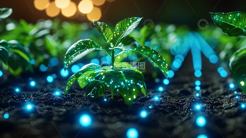 夜间植物生长灯照射幼苗