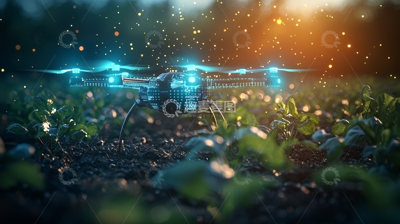 高清大图下载【趣麦麦图】雨中田野里的发光无人机