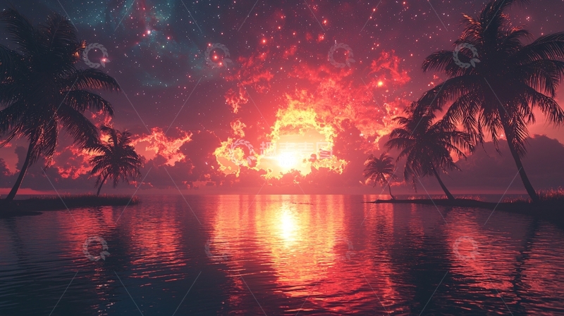 高清大图下载【趣麦麦图】红色天空下的棕榈树