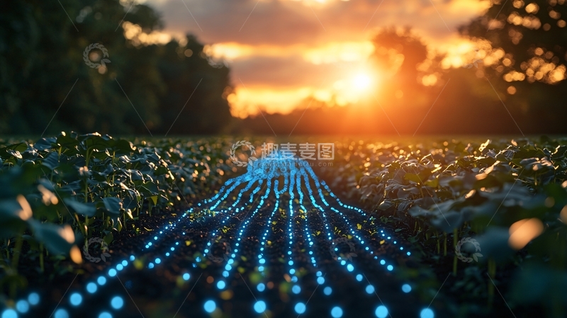 高清大图下载【趣麦麦图】夕阳下田野科技感蓝光线条