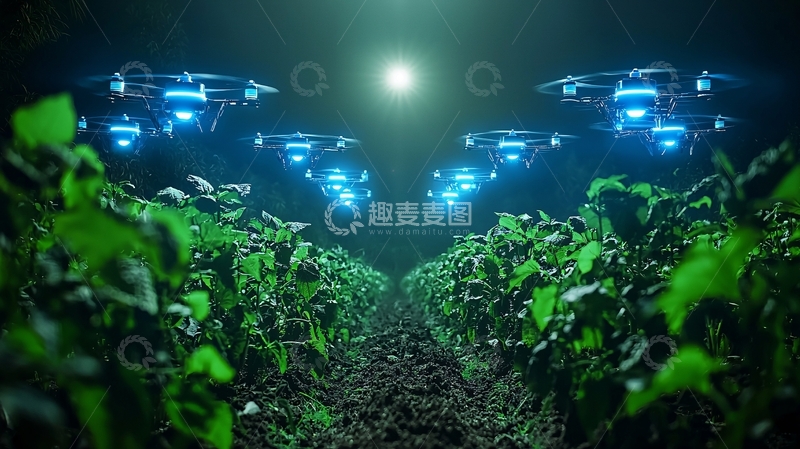 高清大图下载【趣麦麦图】夜间无人机农业植保作业