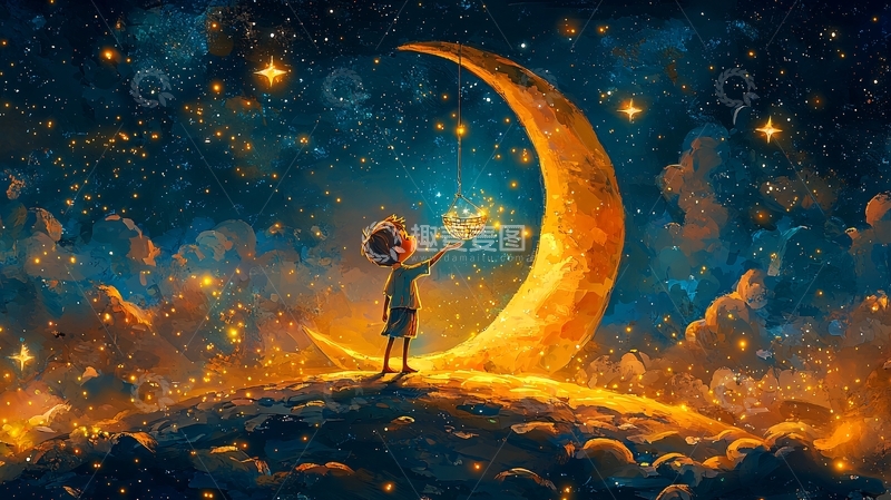 高清大图下载【趣麦麦图】孩子与月亮