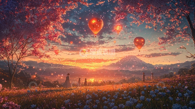 高清大图下载【趣麦麦图】梦幻般日落热气球风景