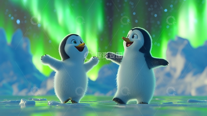 高清大图下载【趣麦麦图】极光下跳舞的小企鹅