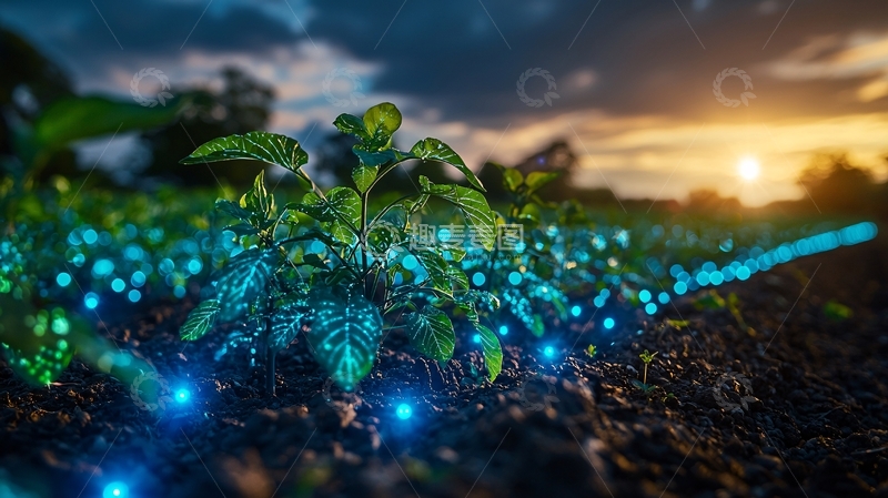高清大图下载【趣麦麦图】夕阳下田地里发光的植物