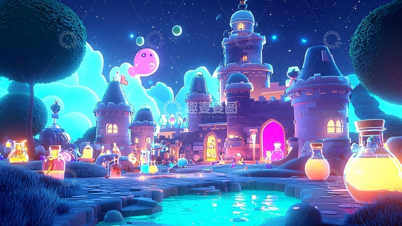 高清大图下载【趣麦麦图】梦幻童话城堡夜景