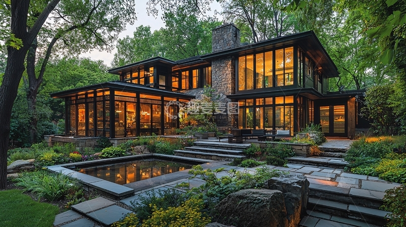 高清大图下载【趣麦麦图】夜晚灯光下的现代风格别墅