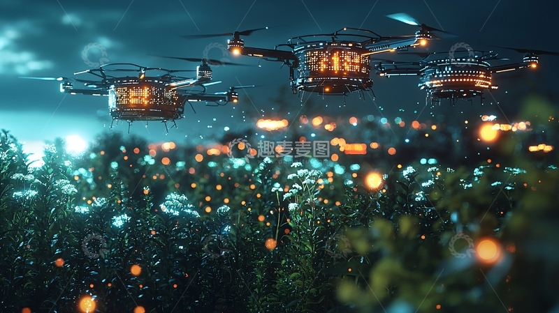 高清大图下载【趣麦麦图】夜间森林无人机编队飞行