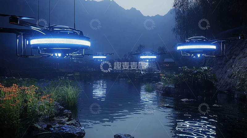 高清大图下载【趣麦麦图】科幻山谷河流飞船